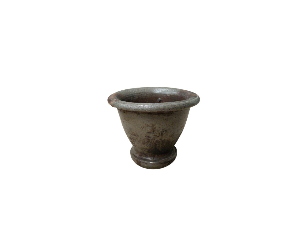 A ceramic vessel with a textured finish in dark and greyish tones, characterised by a circular, flared base, a conical body that widens towards the top, and a thick, rolled rim; available for hire for events, advertising, films and TV series