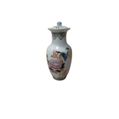 Ceramic vase with a globular body and a slender neck with a flared rim, complete with a small matching lid featuring a knob on top; available for hire for events, advertising, films and TV series