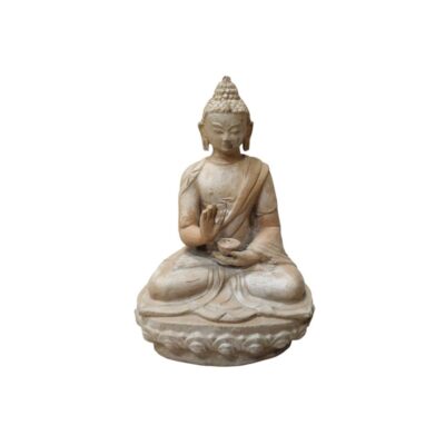 A statuette depicting Buddha seated in the traditional meditation posture, on a decorated base resembling a lotus flower; available for hire for events, advertising, films and TV series
