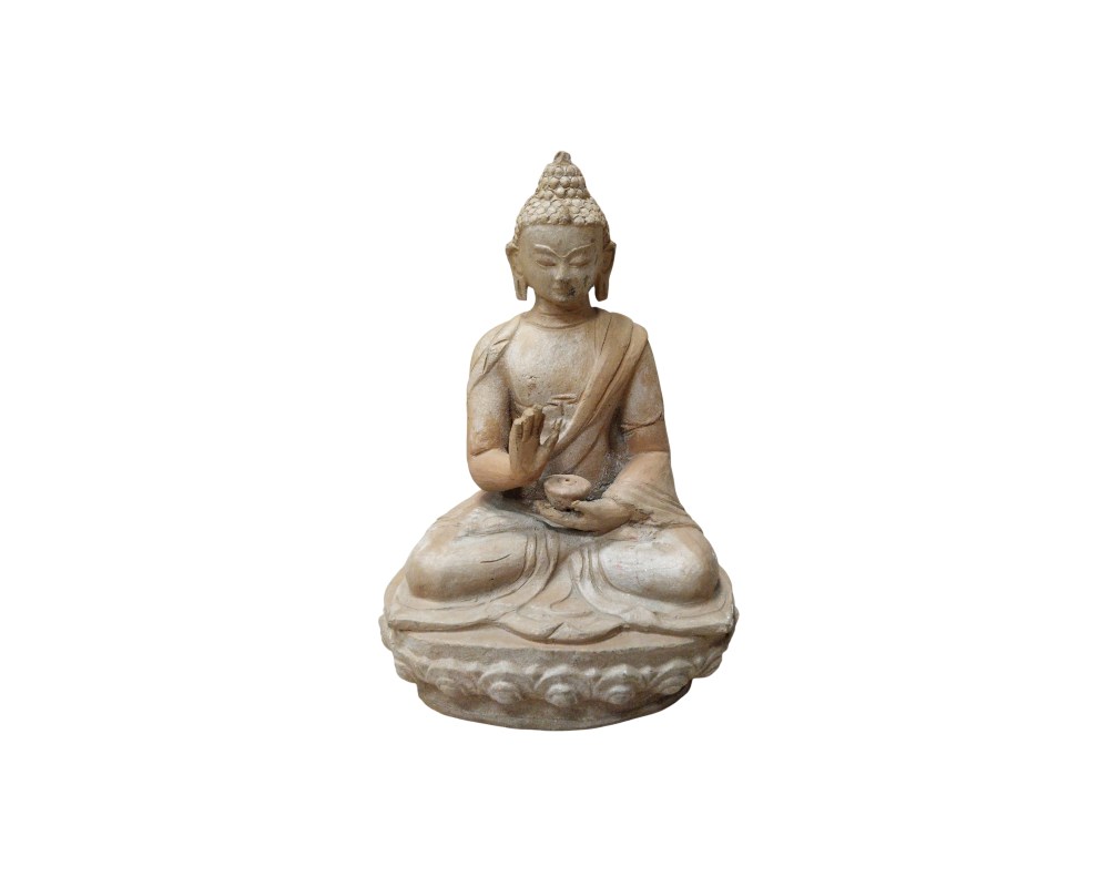 A statuette depicting Buddha seated in the traditional meditation posture, on a decorated base resembling a lotus flower; available for hire for events, advertising, films and TV series