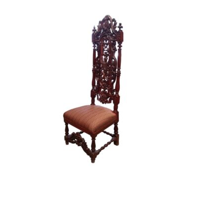 Gothic or Renaissance-style chair featuring a high, hand-carved backrest and spiral legs; available for hire for events, advertising, films and TV series