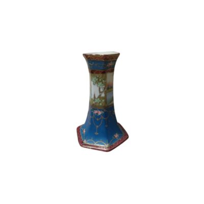 Miniature ceramic vase with a flared design and square base, finished predominantly in a vibrant coppery blue; available for hire for events, advertising, films and TV series