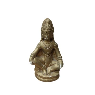 a statuette depicting a divine figure or deity, characterised by a gold-coloured finish and detailed ornamentation, including an elaborate headdress and necklaces; available for hire for events, advertising, films and TV series
