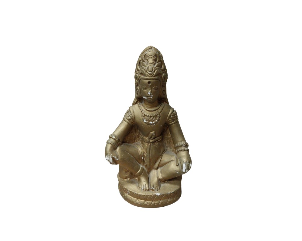 a statuette depicting a divine figure or deity, characterised by a gold-coloured finish and detailed ornamentation, including an elaborate headdress and necklaces; available for hire for events, advertising, films and TV series