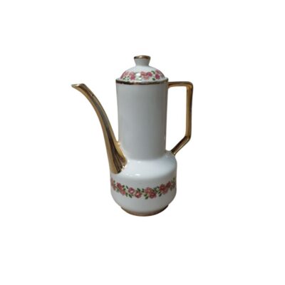 A tall porcelain teapot, characterised by its slender body with a flared base and a cylindrical neck. It has a glossy white finish decorated with delicate borders of small pink flowers and green leaves arranged around the base and on the lid. Available for hire for events, advertising, films and TV series.