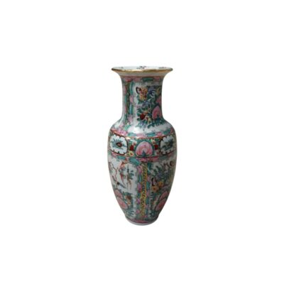 A porcelain vase with a flared neck and slender body, characterised by rich polychrome decoration featuring distinct panels containing floral motifs, birds and traditional figures in shades of pink, green and gold; available for hire for events, advertising, films and TV series
