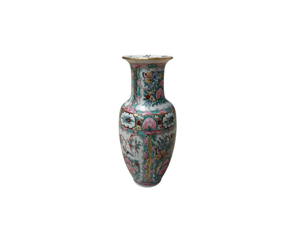 A porcelain vase with a flared neck and slender body, characterised by rich polychrome decoration featuring distinct panels containing floral motifs, birds and traditional figures in shades of pink, green and gold; available for hire for events, advertising, films and TV series