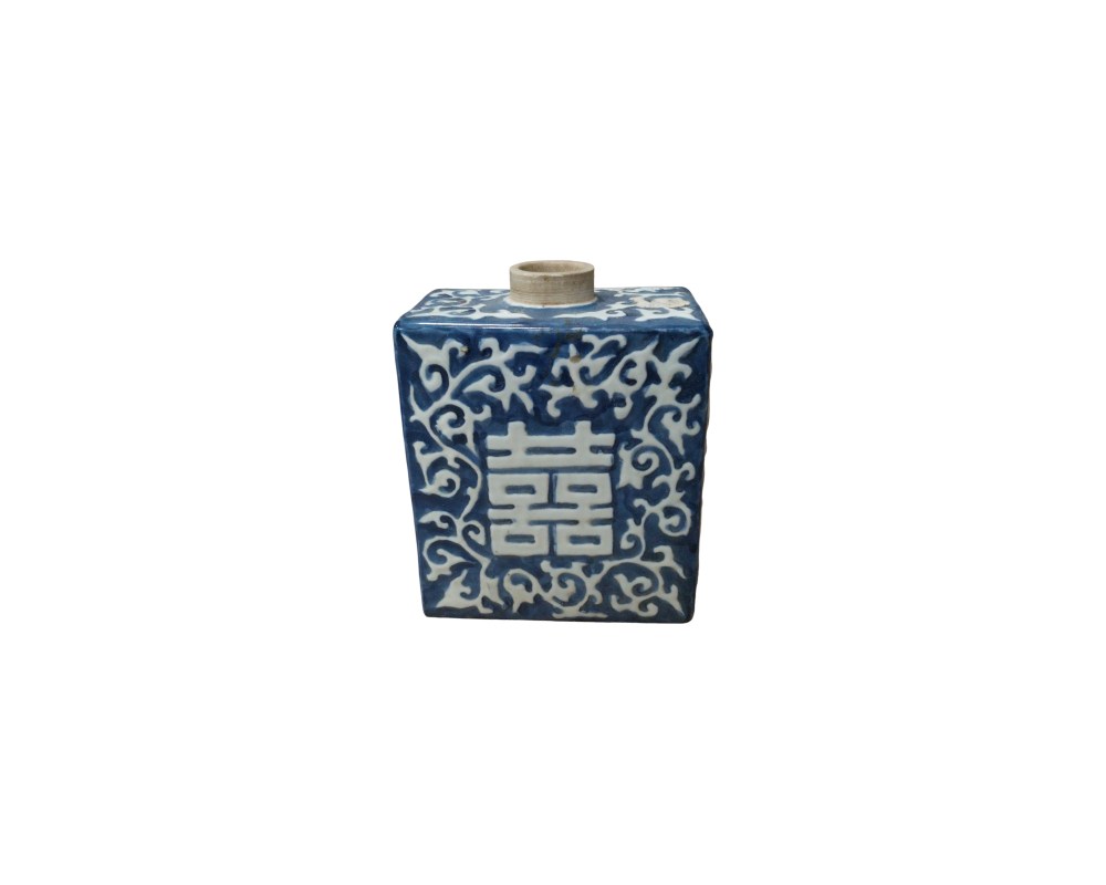 A porcelain bottle with a square body and short neck, decorated using the cobalt blue technique on a white background. The front features the Chinese character ‘Shuangxi’ in relief. Available for hire for events, advertising, films and TV series.