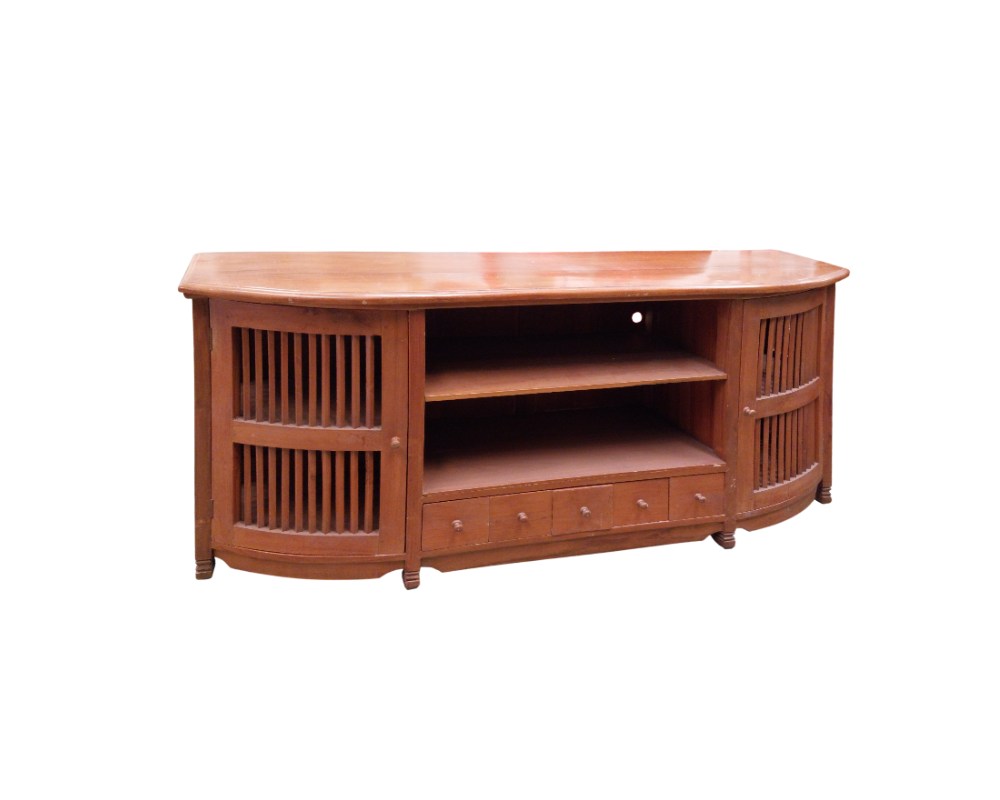 Solid wood entertainment unit featuring a distinctive curved design with lattice-work side doors – available for hire for events, advertising, films and TV series