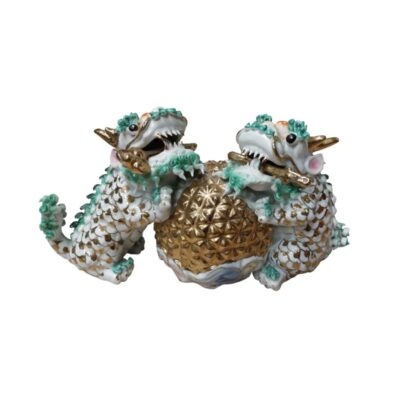 two mythical creatures from the East, known as Qilins, sculpted from porcelain and joined by a central sphere with a textured, gold-coloured finish; available for hire for events, advertising, films and TV series