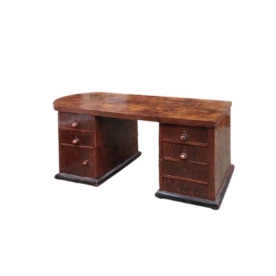 Art Deco walnut and mahogany desk from the 1920s, featuring functional drawers and a polished finish; available for hire for events, advertising, films and TV series