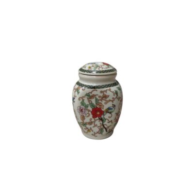 Small ceramic vase with a globular body, fitted with a matching round lid; available for hire for events, advertising, films and TV series