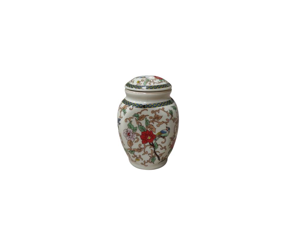 Small ceramic vase with a globular body, fitted with a matching round lid; available for hire for events, advertising, films and TV series