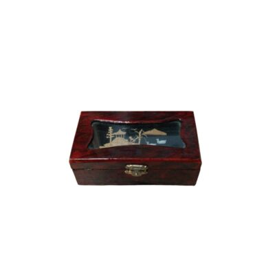 A rectangular wooden box with a varnished finish in dark reddish tones and a grained effect, fitted with a metal clasp at the front; available for hire for events, advertising, films and TV series