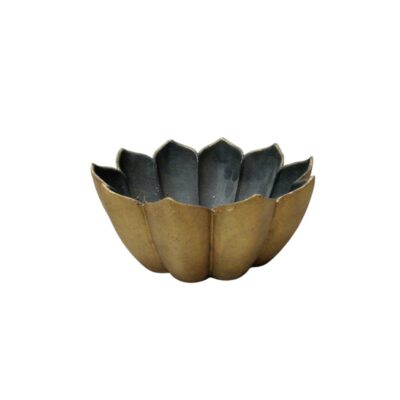 metal bowl with an antique gold finish on the outside and a dark interior, featuring a sculpted design whose upper edges resemble the open petals of a flower; available for hire for events, advertising, films and TV series