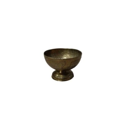Small metal bowl with a gold or brass finish, designed with a semi-spherical body and a raised circular base in a traditional style; available for hire for events, advertising, films and TV series