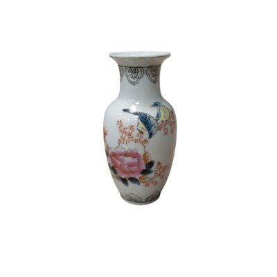 An elegant porcelain vase with a narrow neck and flared rim. It features a delicate design on a white background, combining the image of small birds perched on branches with a large peony flower in shades of pink. Available for hire for events, advertising, films and TV series.