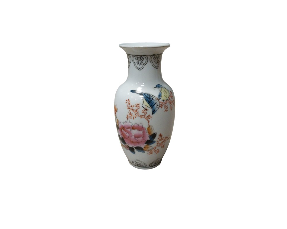 An elegant porcelain vase with a narrow neck and flared rim. It features a delicate design on a white background, combining the image of small birds perched on branches with a large peony flower in shades of pink. Available for hire for events, advertising, films and TV series.