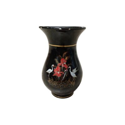 Ceramic vase with a rounded body and flared neck, with a glossy black finish; available for hire for events, advertising, films and TV series