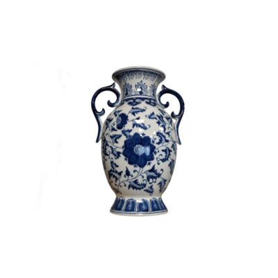 A classically shaped porcelain vase, characterised by its globular body which tapers towards the base and neck, culminating in a slightly flared rim. It features two ornamental side handles with elegant curves, highlighted in cobalt blue. Available for hire for events, advertising, films and TV series.