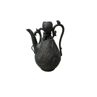 a dark metal vessel with an antique-style patina finish, featuring a rounded, bulbous body covered in a raised pattern resembling petals; available for hire for events, advertising, films and TV series
