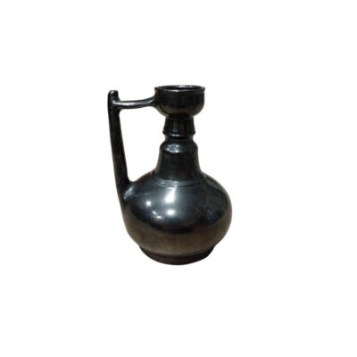 A ceramic vessel with a glossy, monochrome finish in dark shades, featuring a globular body and a slender neck; available for hire for events, advertising, films and TV series