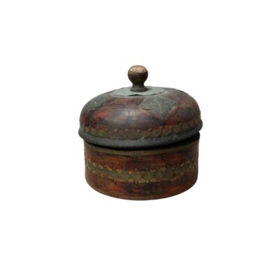 A handcrafted-style jewellery box combining wood with decorative metal elements. The body and lid are made of wood with a pronounced grain and a distressed finish, giving it a rustic or antique look. Available for hire for events, advertising, films and TV series.