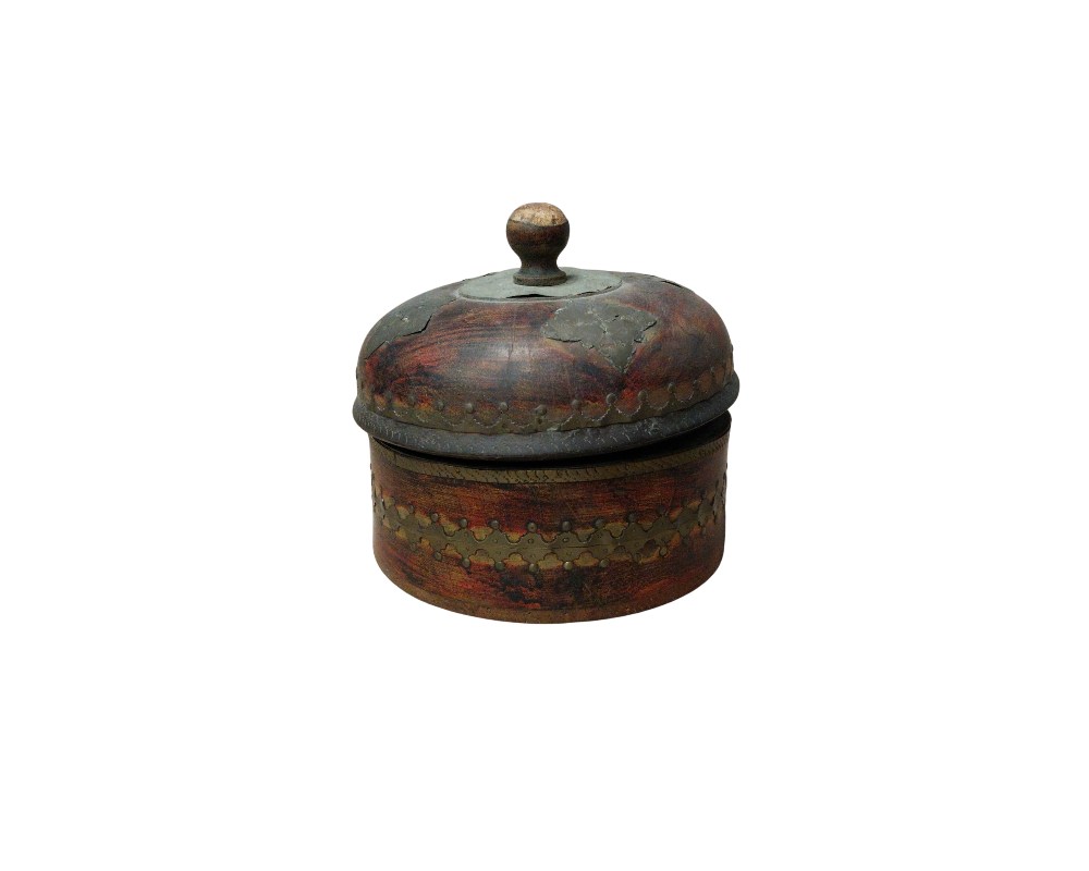 A handcrafted-style jewellery box combining wood with decorative metal elements. The body and lid are made of wood with a pronounced grain and a distressed finish, giving it a rustic or antique look. Available for hire for events, advertising, films and TV series.