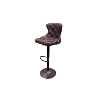 The Lestarain bar stool features a padded seat in brown faux leather with a tufted design and stud detailing; available for hire for events, advertising, films and TV series