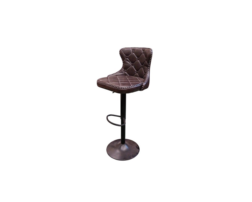 The Lestarain bar stool features a padded seat in brown faux leather with a tufted design and stud detailing; available for hire for events, advertising, films and TV series