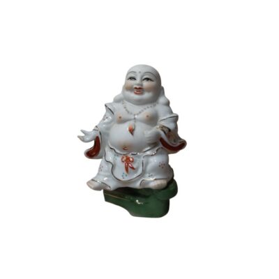 A porcelain figurine depicting Budai, popularly known as the Smiling Buddha or the Buddha of Abundance. The figure has a cheerful and relaxed expression, with delicately painted details and finishes that include gold accents on the edges of the robe. Available for hire for events, advertising, films and TV series.