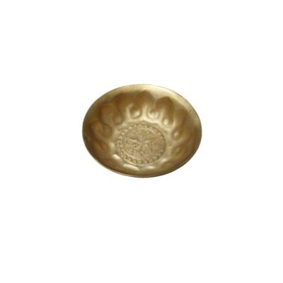 A metal bowl with a shiny gold finish, characterised by an exterior design featuring embossed lobed panels and a raised circular base with a textured rim; available for hire for events, advertising, films and TV series