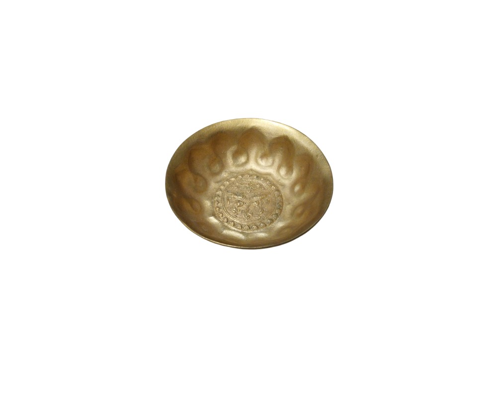 A metal bowl with a shiny gold finish, characterised by an exterior design featuring embossed lobed panels and a raised circular base with a textured rim; available for hire for events, advertising, films and TV series