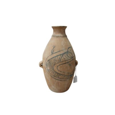 A terracotta vase in earthy tones, with an elongated body and narrow neck, featuring two small side handles and a painted decoration in dark tones depicting the stylised figure of an animal with a scaled pattern; available for hire for events, advertising, films and TV series
