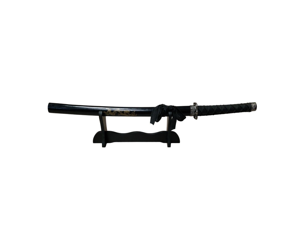 Ornamental Japanese-style sword, of the wakizashi or tanto type, displayed horizontally on a black tabletop stand; available for hire for events, advertising, films and TV series