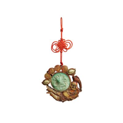 A traditional-style ornamental pendant combining various auspicious elements from Eastern culture. The centrepiece is a sculpted figure depicting a smiling Buddha (Budai), associated with happiness and prosperity, holding a circular, stone-like green disc featuring a dragon relief. Available for hire for events, advertising, films and TV series.