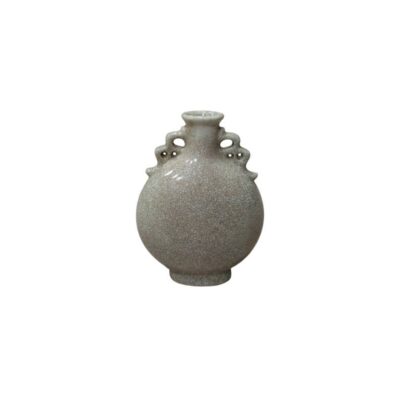 A ceramic vase with a globular body and short neck, characterised by a glazed finish with a subtle crackle effect in light, earthy tones; available for hire for events, advertising, films and TV series