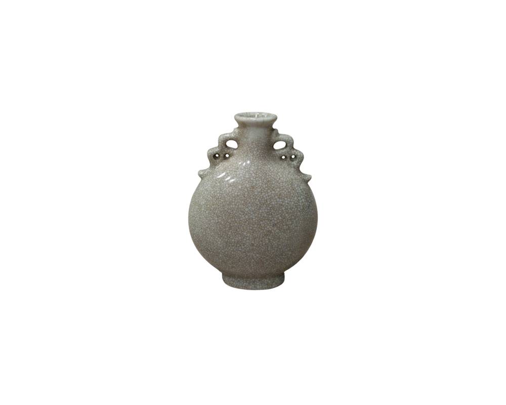 A ceramic vase with a globular body and short neck, characterised by a glazed finish with a subtle crackle effect in light, earthy tones; available for hire for events, advertising, films and TV series