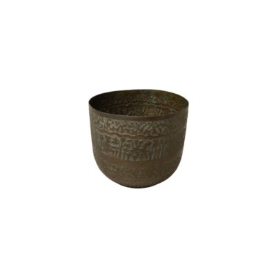 A cylindrical metal bowl with an aged patina, characterised by a surface entirely decorated with bands of chiselled reliefs depicting classical figures and ornamental motifs; available for hire for events, advertising, films and TV series