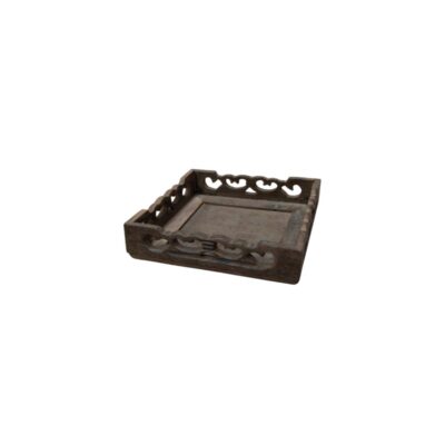 A square-shaped dark wooden stand, characterised by a flat base and raised side edges featuring a detailed openwork design with ornamental and curvilinear motifs; available for hire for events, advertising, films and TV series