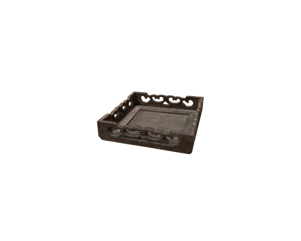 A square-shaped dark wooden stand, characterised by a flat base and raised side edges featuring a detailed openwork design with ornamental and curvilinear motifs; available for hire for events, advertising, films and TV series