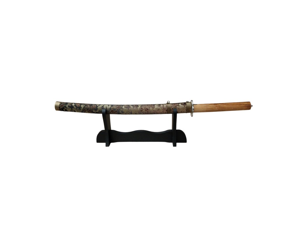 Ornamental Japanese-style sword, displayed horizontally on a black tabletop stand; available for hire for events, advertising, films and TV series
