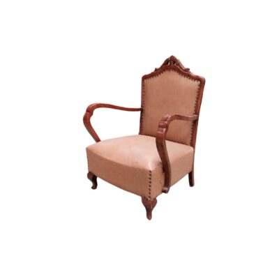 Antique armchair featuring a carved wooden frame with curved lines and classic upholstery; available for hire for events, advertising, films and TV series