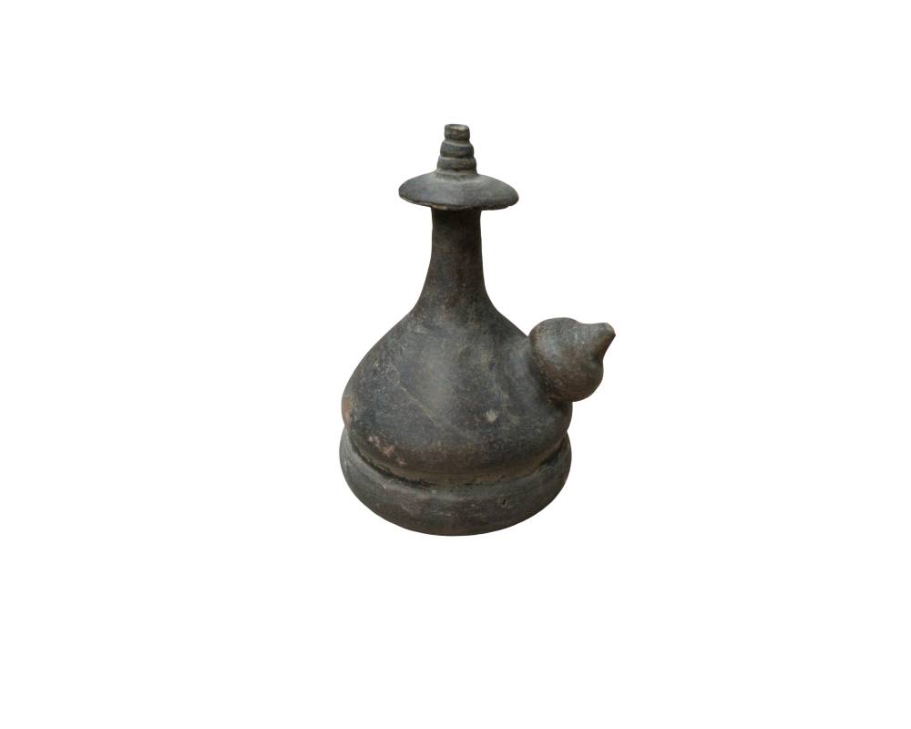 ceramic vessel with a monochrome finish in dark shades, featuring a rounded body and a wide base; available for hire for events, advertising, films and TV series