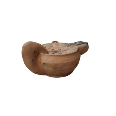 A ceramic vessel with a rounded body, whose shape and finish suggest a piece of handcrafted pottery or an archaeological artefact. It is distinguished by ornamentation on the upper part, featuring figures in relief; hire for events, advertising, films and TV series
