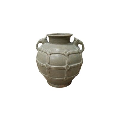 a ceramic jug or vase with a distinctive greenish or celadon glaze, characterised by a globular body adorned with a network of interlaced geometric reliefs, a wide neck and two side handles sculpted in the shapes of animals. Available for hire for events, advertising, films and TV series.