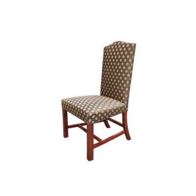 Parsons-style dining chair featuring upholstery with a damask pattern in shades of brown and blue – available for hire for events, advertising, films and TV series