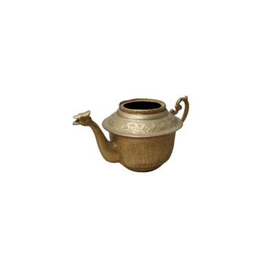 A metal teapot with a gold finish, characterised by a rounded body with engraved details, a spout sculpted in the shape of an animal’s head, and a side handle featuring curved ornamentation; available for hire for events, advertising, films and TV series