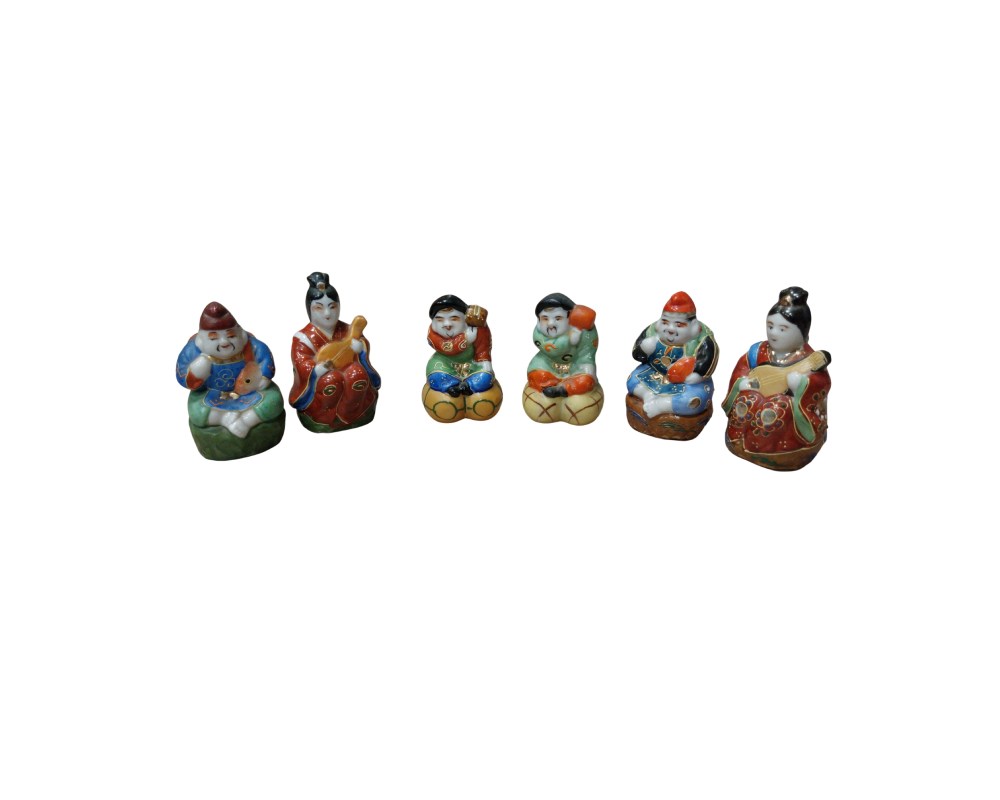 A set comprising small ceramic figurines, meticulously hand-painted in vibrant colours with refined details, depicting characters from Eastern iconography; available for hire for events, advertising, films and TV series