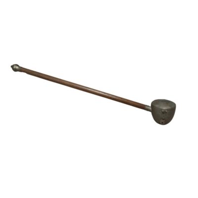 An elongated instrument consisting of a long wooden handle and a metal receptacle at one end. It features a slot at the top for inserting coins and a security mechanism with a padlock. Historically, this type of item was used to collect donations from a distance in religious institutions or venues, ensuring the contents remained secure until opened by the relevant authorities. Available for hire for events, advertising, films and TV series.